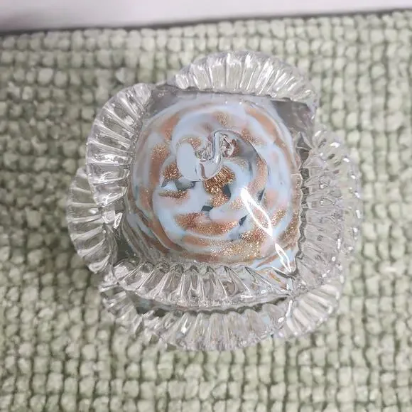 Signed Murano Art Glass Paperweight Aventurine Aqua Gold Flecks Camer Italy